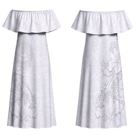 American Samoa White Sunday Couples Matching Off Shoulder Maxi Dress and Long Sleeve Button Shirt Polynesian Pattern With Tropical Flowers