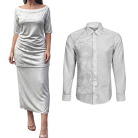 American Samoa White Sunday Couples Matching Puletasi and Long Sleeve Button Shirt Polynesian Pattern With Tropical Flowers