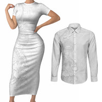 American Samoa White Sunday Couples Matching Short Sleeve Bodycon Dress and Long Sleeve Button Shirt Polynesian Pattern With Tropical Flowers