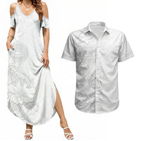 American Samoa White Sunday Couples Matching Summer Maxi Dress and Hawaiian Shirt Polynesian Pattern With Tropical Flowers