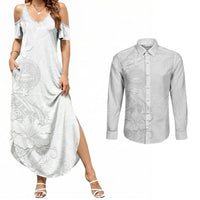 American Samoa White Sunday Couples Matching Summer Maxi Dress and Long Sleeve Button Shirt Polynesian Pattern With Tropical Flowers