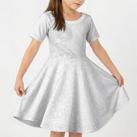 American Samoa White Sunday Kid Short Sleeve Dress Polynesian Pattern With Tropical Flowers