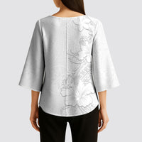 American Samoa White Sunday Kimono Sleeve Blouse Polynesian Pattern With Tropical Flowers