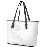 American Samoa White Sunday Leather Tote Bag Polynesian Pattern With Tropical Flowers