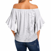 American Samoa White Sunday Off Shoulder Wrap Waist Top Polynesian Pattern With Tropical Flowers
