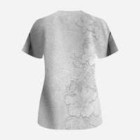 American Samoa White Sunday Scrub Top Polynesian Pattern With Tropical Flowers