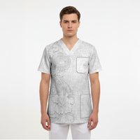 American Samoa White Sunday Scrub Top Polynesian Pattern With Tropical Flowers