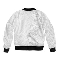 American Samoa White Sunday Sleeve Zip Bomber Jacket Polynesian Pattern With Tropical Flowers