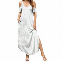 American Samoa White Sunday Summer Maxi Dress Polynesian Pattern With Tropical Flowers