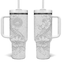 American Samoa White Sunday Tumbler With Handle Polynesian Pattern With Tropical Flowers