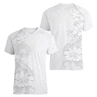 American Samoa White Sunday Women V-Neck T-Shirt Polynesian Pattern With Tropical Flowers