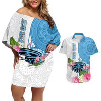 Fiji Day Couples Matching Off Shoulder Short Dress and Hawaiian Shirt Tanoa Hibiscus Fijian Tapa Masi Pattern LT05 White - Polynesian Pride