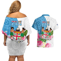 Fiji Day Couples Matching Off Shoulder Short Dress and Hawaiian Shirt Tanoa Hibiscus Fijian Tapa Masi Pattern LT05 - Polynesian Pride