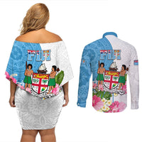Fiji Day Couples Matching Off Shoulder Short Dress and Long Sleeve Button Shirts Tanoa Hibiscus Fijian Tapa Masi Pattern LT05 - Polynesian Pride