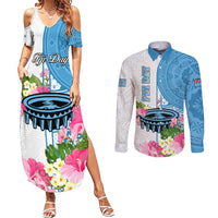 Fiji Day Couples Matching Summer Maxi Dress and Long Sleeve Button Shirts Tanoa Hibiscus Fijian Tapa Masi Pattern LT05 White - Polynesian Pride