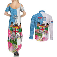 Fiji Day Couples Matching Summer Maxi Dress and Long Sleeve Button Shirts Tanoa Hibiscus Fijian Tapa Masi Pattern LT05 - Polynesian Pride