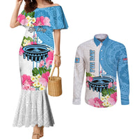 Personalized Fiji Day Couples Matching Mermaid Dress and Long Sleeve Button Shirts Tanoa Hibiscus Fijian Tapa Masi Pattern LT05 White - Polynesian Pride