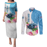 Personalized Fiji Day Couples Matching Puletasi Dress and Long Sleeve Button Shirts Tanoa Hibiscus Fijian Tapa Masi Pattern LT05 White - Polynesian Pride