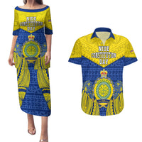 Niue Constitution Day Couples Matching Puletasi Dress and Hawaiian Shirt Coat Of Arms Niuean Hiapo Pattern LT05 Yellow - Polynesian Pride