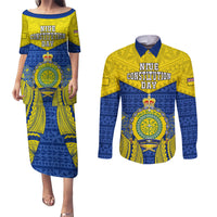 Niue Constitution Day Couples Matching Puletasi Dress and Long Sleeve Button Shirts Coat Of Arms Niuean Hiapo Pattern LT05 Yellow - Polynesian Pride