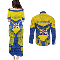 Niue Constitution Day Couples Matching Puletasi Dress and Long Sleeve Button Shirts Coat Of Arms Niuean Hiapo Pattern LT05 - Polynesian Pride