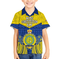 Personalized Niue Constitution Day Family Matching Short Sleeve Bodycon Dress and Hawaiian Shirt Coat Of Arms Niuean Hiapo Pattern LT05 Son's Shirt Yellow - Polynesian Pride