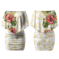 Hawaii Discoverers Day Couples Matching Off Shoulder Short Dress and Long Sleeve Button Shirt Tropical Hibiscus Glitter White LT05 - Polynesian Pride