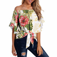 Hawaii Discoverers Day Off Shoulder Wrap Waist Top Tropical Hibiscus Glitter White LT05 White - Polynesian Pride