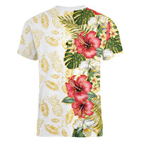 Hawaii Discoverers Day Women V-Neck T-Shirt Tropical Hibiscus Glitter White