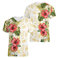 Hawaii Discoverers Day Women V-Neck T-Shirt Tropical Hibiscus Glitter White