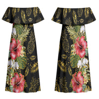 Hawaii Discoverers Day Family Matching Off Shoulder Maxi Dress and Hawaiian Shirt Tropical Hibiscus Glitter Black LT05 Mom's Dress Black - Polynesian Pride