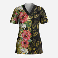 Hawaii Discoverers Day Scrub Top Tropical Hibiscus Glitter Black LT05 Adult Black - Polynesian Pride