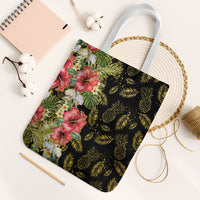 Hawaii Discoverers Day Tote Bag Tropical Hibiscus Glitter Black LT05 White Strap One Size Black - Polynesian Pride