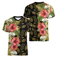 Hawaii Discoverers Day Women V-Neck T-Shirt Tropical Hibiscus Glitter Black