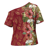 Hawaii Discoverers Day Cross Shoulder Shirt Tropical Hibiscus Glitter Crimson LT05 - Polynesian Pride