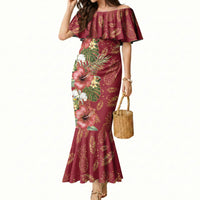 Hawaii Discoverers Day Mermaid Dress Tropical Hibiscus Glitter Crimson LT05 Women Crimson - Polynesian Pride