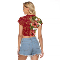 Hawaii Discoverers Day Raglan Cropped T Shirt Tropical Hibiscus Glitter Crimson