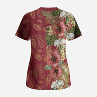 Hawaii Discoverers Day Scrub Top Tropical Hibiscus Glitter Crimson LT05 - Polynesian Pride