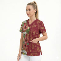 Hawaii Discoverers Day Scrub Top Tropical Hibiscus Glitter Crimson LT05 - Polynesian Pride