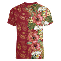 Hawaii Discoverers Day Women V-Neck T-Shirt Tropical Hibiscus Glitter Crimson