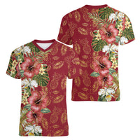 Hawaii Discoverers Day Women V-Neck T-Shirt Tropical Hibiscus Glitter Crimson