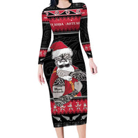 New Zealand Santa Tiki Christmas Long Sleeve Bodycon Dress Meri Kirihimete LT05 Long Dress Black - Polynesian Pride