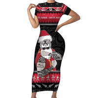 New Zealand Santa Tiki Christmas Short Sleeve Bodycon Dress Meri Kirihimete LT05 Long Dress Black - Polynesian Pride