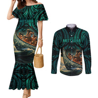 Personalised New Zealand Tamaki Herenga Waka Festival Couples Matching Mermaid Dress and Long Sleeve Button Shirt Maori Pattern LT05 Dark Turquoise - Polynesian Pride