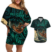 Personalised New Zealand Tamaki Herenga Waka Festival Couples Matching Off Shoulder Short Dress and Hawaiian Shirt Maori Pattern LT05 Dark Turquoise - Polynesian Pride