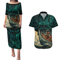 Personalised New Zealand Tamaki Herenga Waka Festival Couples Matching Puletasi Dress and Hawaiian Shirt Maori Pattern LT05 Dark Turquoise - Polynesian Pride