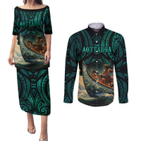 Personalised New Zealand Tamaki Herenga Waka Festival Couples Matching Puletasi Dress and Long Sleeve Button Shirt Maori Pattern LT05 Dark Turquoise - Polynesian Pride