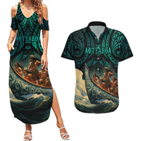 Personalised New Zealand Tamaki Herenga Waka Festival Couples Matching Summer Maxi Dress and Hawaiian Shirt Maori Pattern LT05 Dark Turquoise - Polynesian Pride