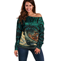 Personalised New Zealand Tamaki Herenga Waka Festival Off Shoulder Sweater Maori Pattern LT05 Women Dark Turquoise - Polynesian Pride