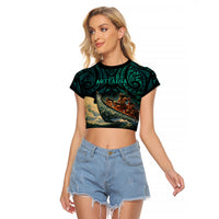 Personalised New Zealand Tamaki Herenga Waka Festival Raglan Cropped T Shirt Maori Pattern LT05 Female Dark Turquoise - Polynesian Pride